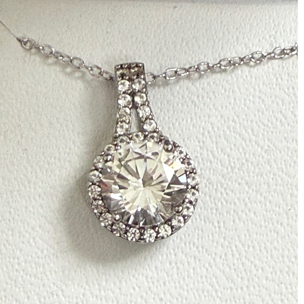 Lab Created White Sapphire Halo Pendant Necklace Sterling Silver Round Cut